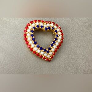 Heart Rhinestone Brooch • Red White Blue • Gold Tone Pin